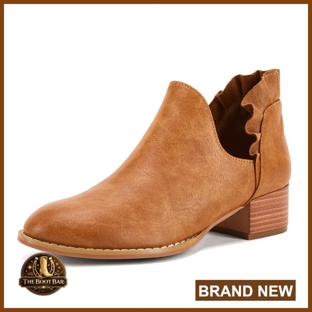 Ruffled Ankle Boots V Cut Out Pointed Toe Chunky Low Heel Western Booties